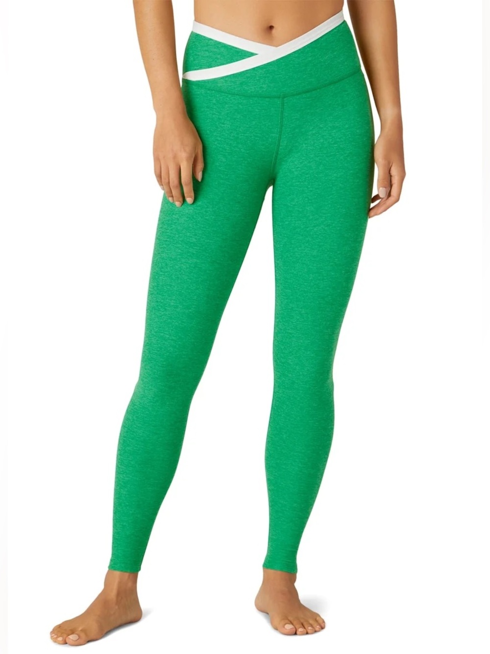 Beyond Yoga Green Leggings with White Crossover Waistband S